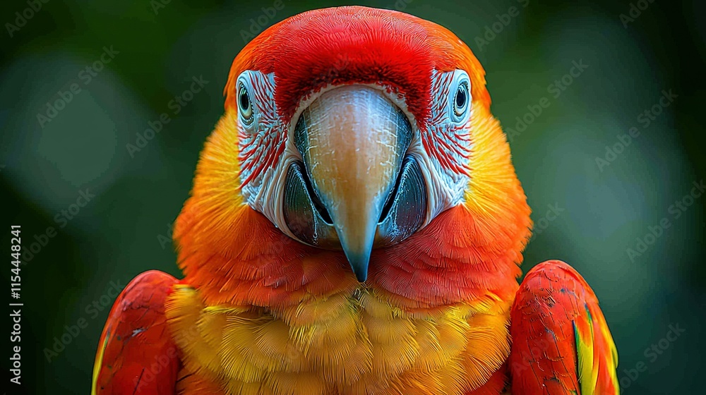 Poster a focused image of a colorful parrot, with a soft background around its head