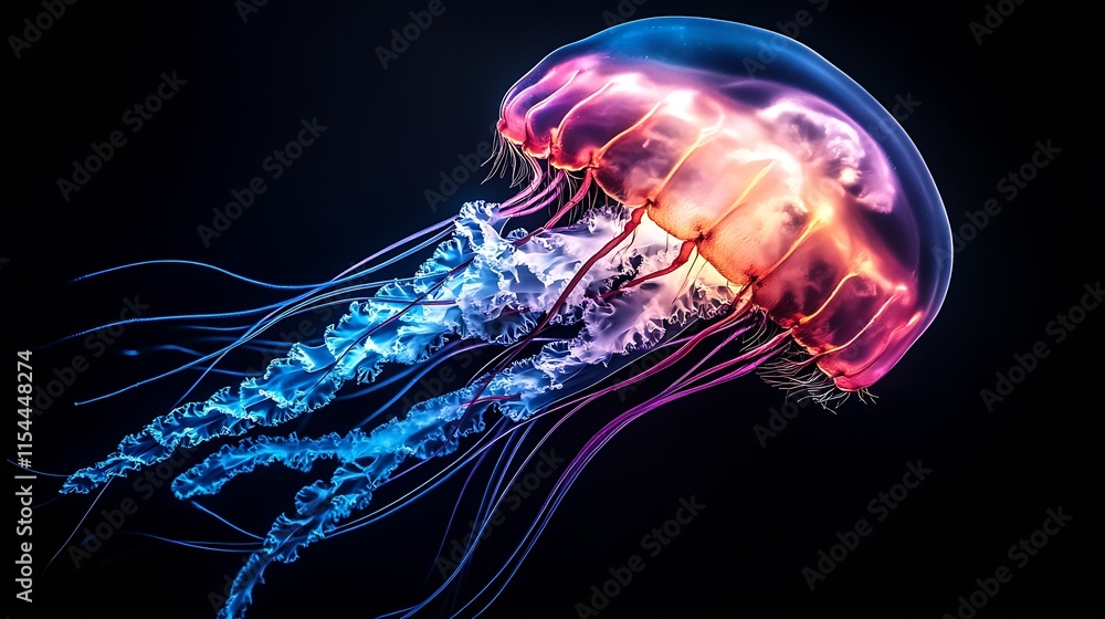 Poster Vibrant Blue and Pink Jellyfish with Glowing Tentacles in a Mysterious Deep Sea Environment : Generative AI