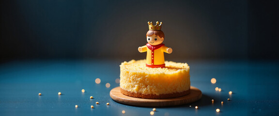 King figurine on mini cake against blue background
