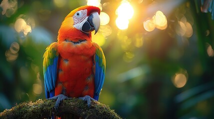   A vibrant parrot perched atop a tree limb against a radiant sunburst backdrop