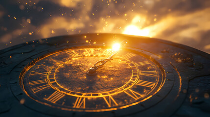 Ancient sundial glowing magically at midnight, framed by a starlit new year's sky. new year clock. Sundial. Illustration