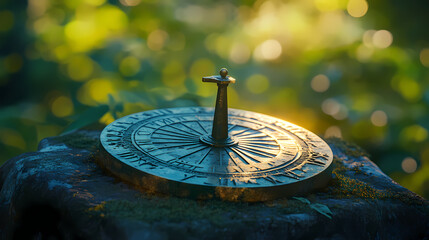 Ancient sundial on rock, with green and blue blurred background. Sundial. Illustration