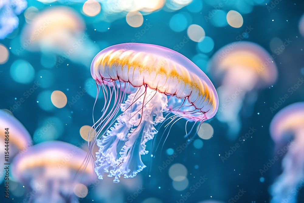 Poster vivid jellyfish in calm blue ocean with dreamy bokeh effect : generative ai