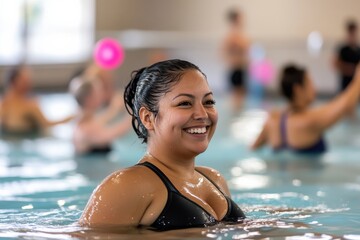 A cheerful woman smiles while participating in a water aerobics class, showcasing her joy and athleticism in a fun aquatic environment with fellow participants.