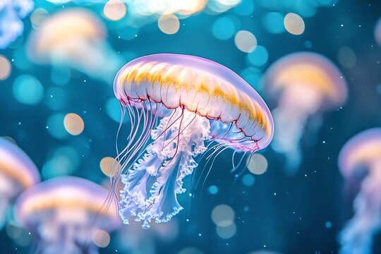 Vivid Jellyfish in Calm Blue Ocean with Dreamy Bokeh Effect : Generative AI