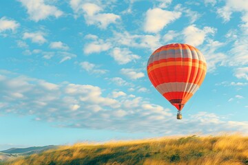 Fototapeta premium Hot air balloon floats above grassland