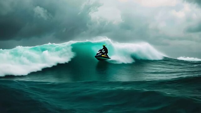 A lone jetski rider surfs a massive wave, showcasing courage and thrill amidst nature's power.