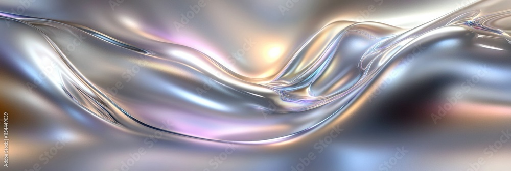 Poster Fluid motion and luminous sheen in abstract 3D rendering of flowing metallic surface. Generative AI