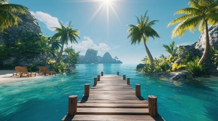 Fototapeta premium Tropical beach scene with wooden pier leading to turquoise ocean and palm trees.