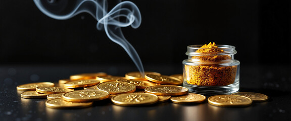 Steaming incense powder with gold coins on dark background