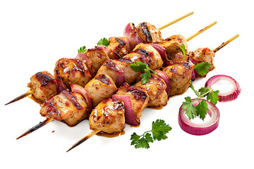Grilled chicken skewers with peanut sauce and red onion on a transparent background