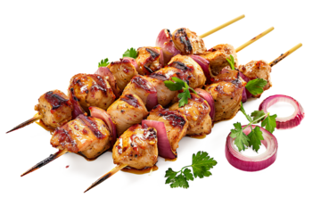 Grilled chicken skewers with peanut sauce and red onion on a transparent background