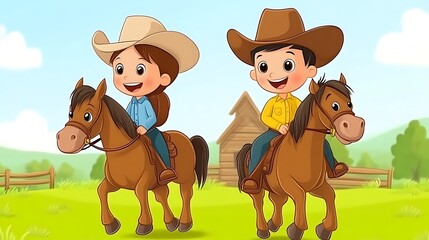 Happy kids riding horses on a ranch.