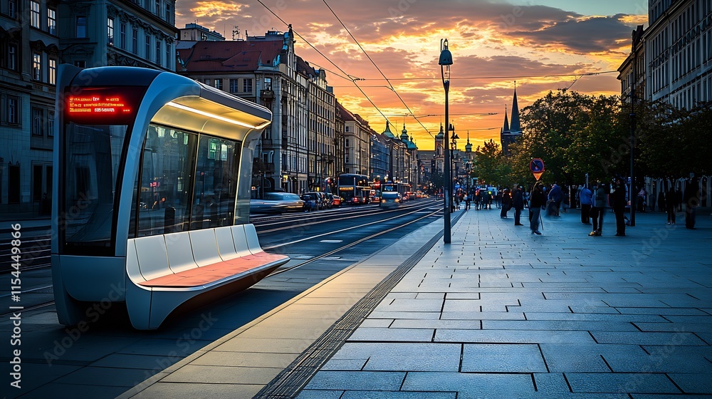 Poster futuristic tram stop at dusk with illuminated tram and historic architecture : generative ai