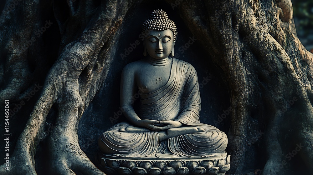 Poster tranquil image of stone buddha statue seated under protective tree roots : generative ai