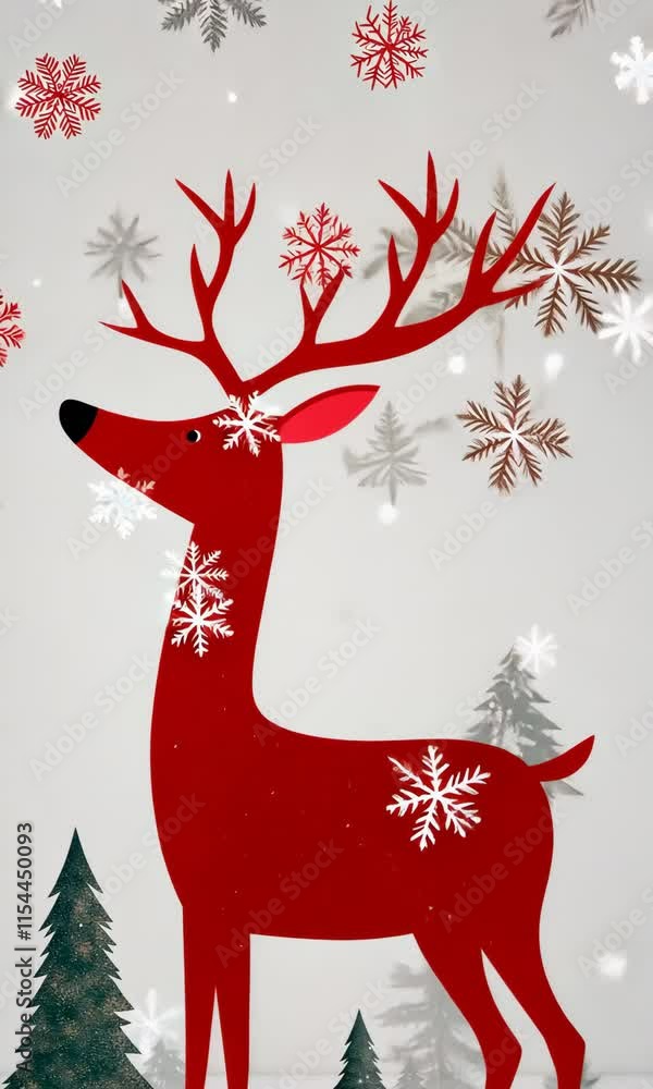 Poster a red deer with antlers is standing in front of a tree. the deer is surrounded by snowflakes, which 