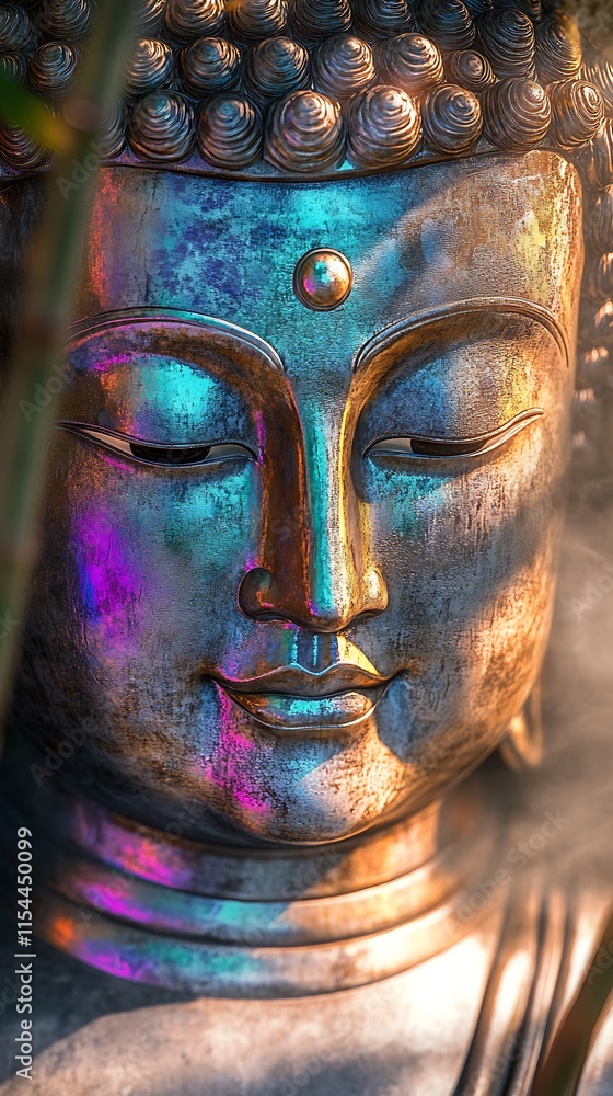 Poster artistic close-up of buddha statue with colorful reflections and spiritual tranquility : generative 