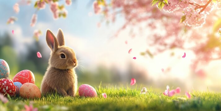 An enchanting and delightful Easter scene showcasing an utterly adorable rabbit surrounded by a variety of vividly colorful eggs, all beautifully set against a backdrop of blooming cherry blossoms