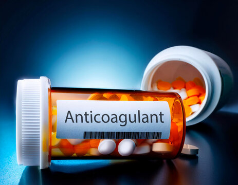 Anticoagulant pills in a prescription bottle