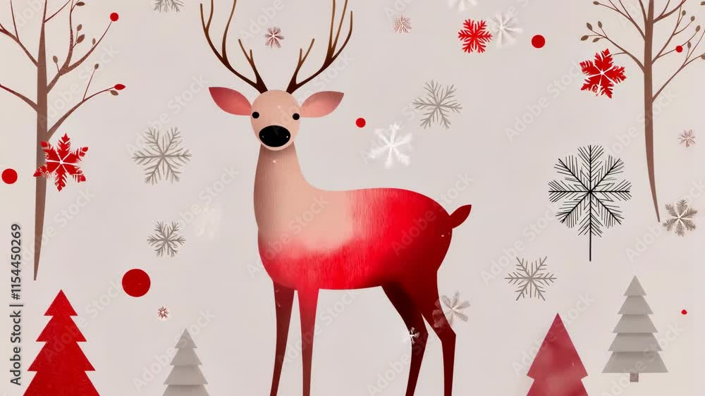 Poster a red deer stands in front of a tree with snow on it. the deer is the main focus of the image, and t