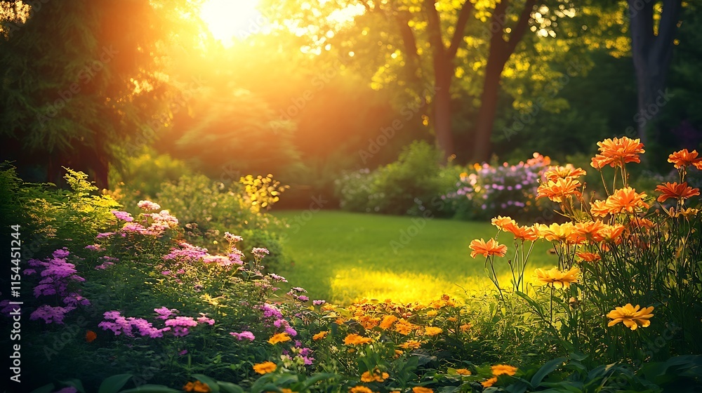 Poster radiant garden landscape with soft sunlight filtering through trees and blossoms : generative ai