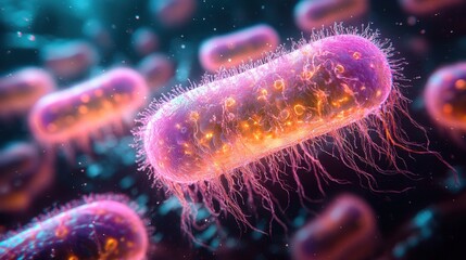 Microscopic view of vibrant, rod-shaped bacteria with numerous flagella.