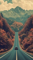 A solitary car travels on a long, straight road surrounded by vibrant autumn foliage, leading towards majestic mountains under a partly cloudy sky.