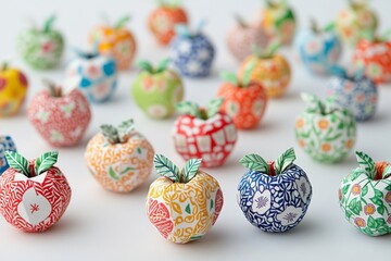 An arrangement of beautifully crafted apples with vivid patterns and colors, exuding creativity and artistic flair, inviting admiration for their detailed design.