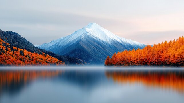   A scenic view of a mountain range with a serene lake in the foreground and vibrant orange trees surrounding it