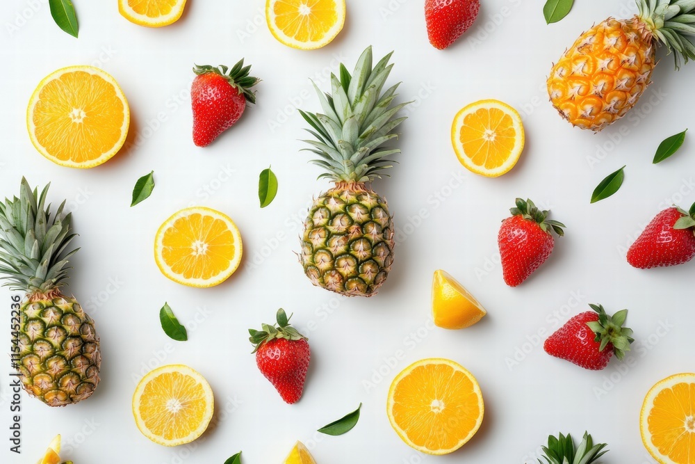 Poster tropical fruits arranged on a light background showcasing vibrant colors and fresh textures. generat