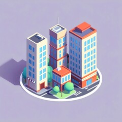 Isometric Cityscape: A vibrant low-poly illustration of urban architecture, showcasing three modern buildings, meticulously detailed and surrounded by lush greenery.