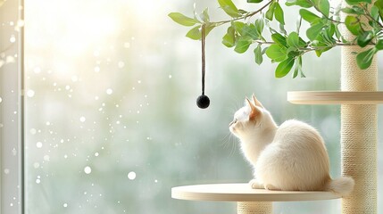  A snowy cat perched on a cat tree by a window with snowfall on the sill