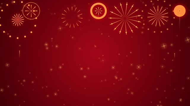 Golden fireworks and star particle for Lunar New Year celebration video. Chinese New Year Celebration loop background decoration. Seamless Loop