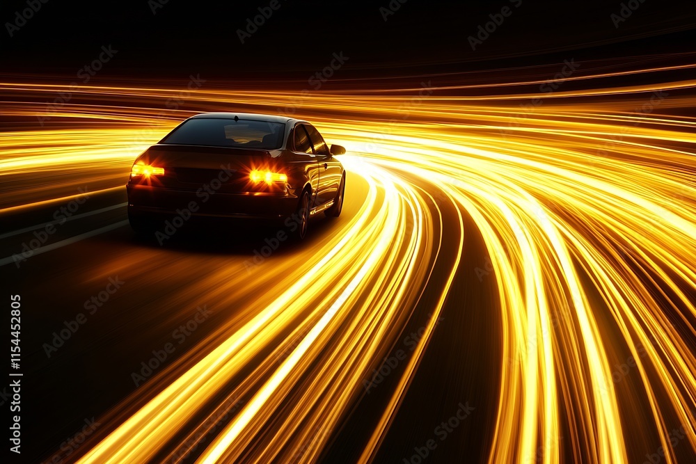 Poster speeding automobile on curved highway at night with glowing golden light trails : generative ai