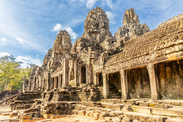 Ancient Bayon stone temple with carved stone faces, Angkor Thom, Siem Reap, Cambodia