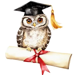 Fototapeten A Wise owl wearing black cap with golden tassel perched on diploma tied with red ribbon, symbolizing scholarly achievement and cuteness © Dusit