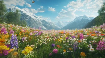 Vibrant Alpine Wildflower Meadow with Snow-Capped Mountains, Scenic Spring Landscape for Nature Photography, Travel, and Seasonal Beauty