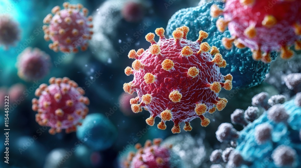 Poster microscopic view of viruses, illustrating their complex structure and potential danger.