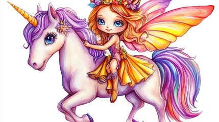 An enchanting image of a fairy with beautiful wings riding a majestic unicorn, depicted in vibrant colors, highlighting fantasy and adventure themes.