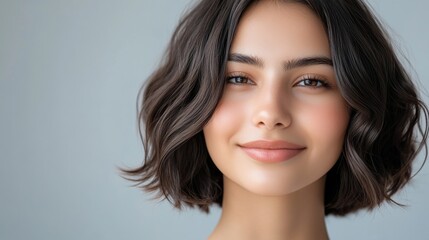 Fototapeta premium A portrait of a woman with short dark hair and a warm smile, captured with soft lighting, conveying feelings of happiness, confidence, and friendliness.