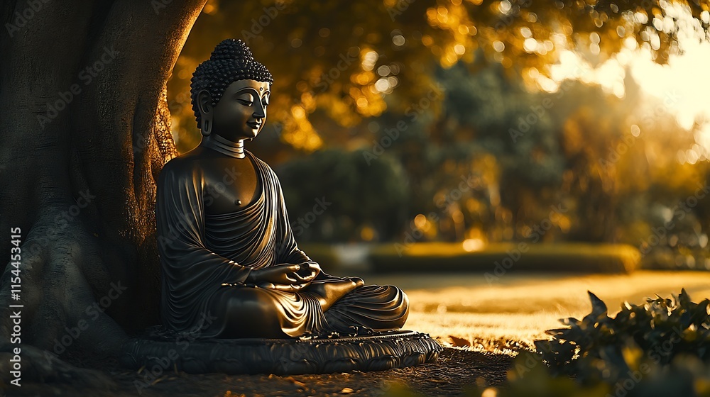 Poster serene buddha statue under a sunlight dappled tree in a tranquil garden setting meditation serenity 