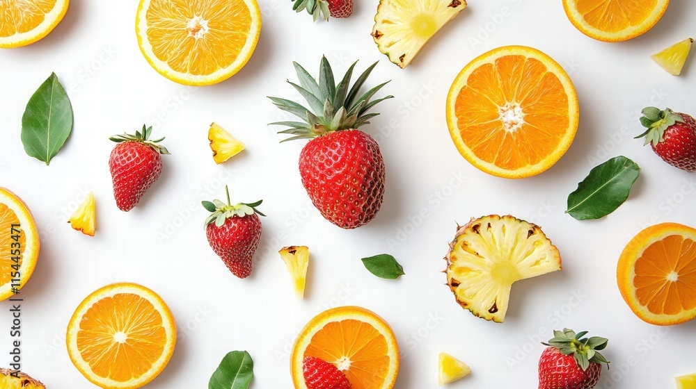 Poster vibrant display of tropical fruits including strawberries and oranges arranged artistically on a lig