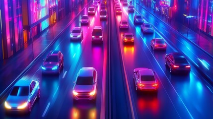 Illuminated Urban Traffic in Neon Lights City Vibe at Night Bright Colors : Generative AI