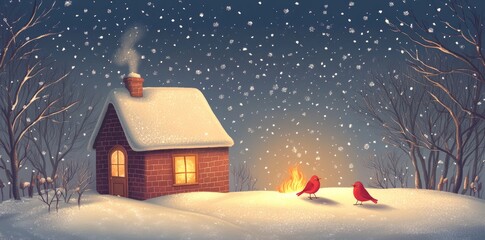 Fototapeta premium Cozy Winter Cottage Snow Birds Firelight Scene