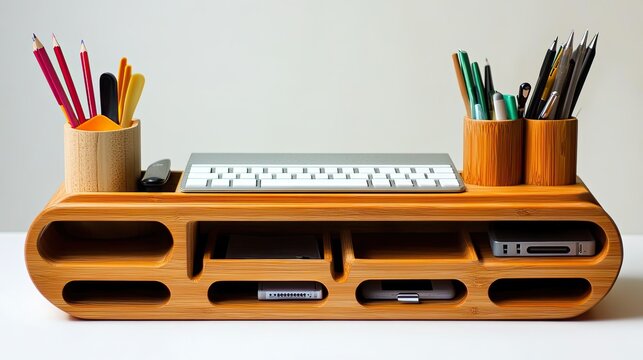 Wooden desk organizer with keyboard, pens, pencils, and storage compartments.