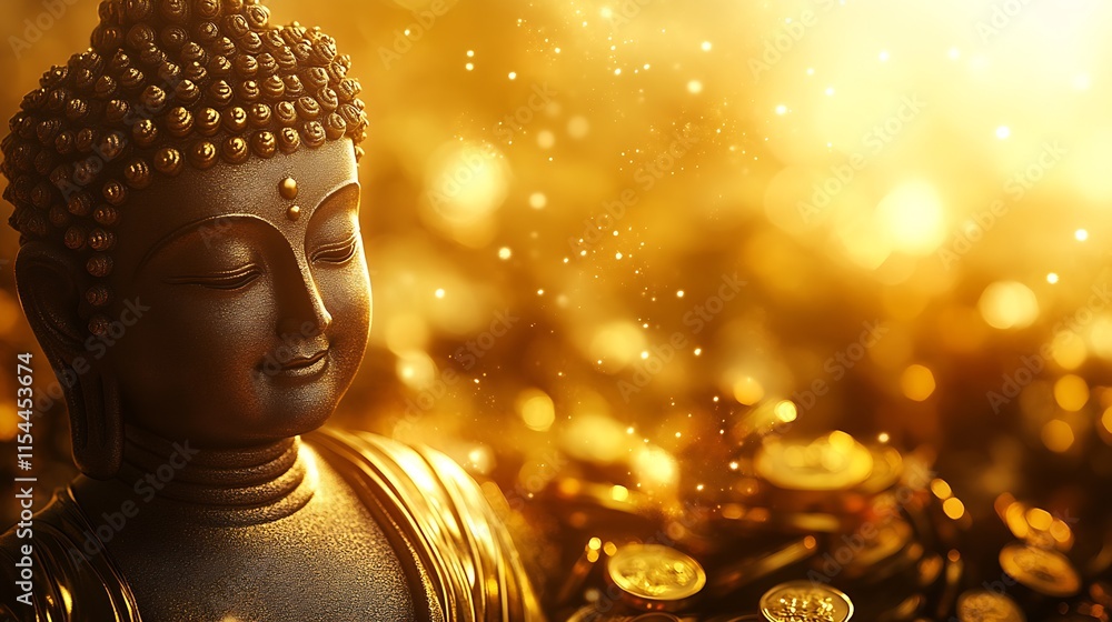 Poster golden buddha statue with sparkling coins in sunlit harmony : generative ai
