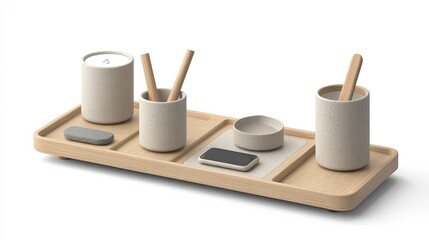 Naklejka premium Wooden tray with containers, candle, and phone.