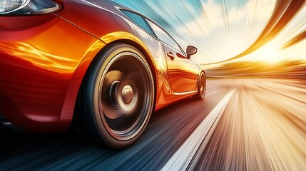 Vibrant orange sports car accelerating on a winding road at high speed during golden hour : Generative AI