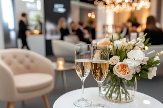 This stylish lounge features champagne glasses and floral arrangements, ideal for upscale events, parties, or social gatherings in a sophisticated atmosphere.