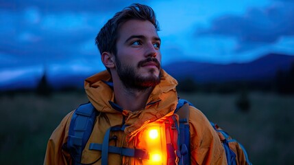 Young man with backpack hiking at dusk, mountains in background.